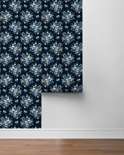 product image for Floral Bouquet Prepasted Wallpaper in Midnight Blue & Toffee 62