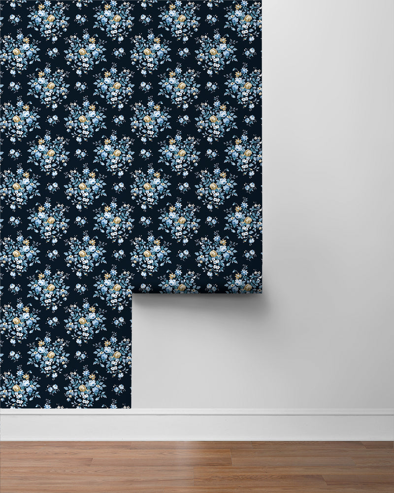 media image for Floral Bouquet Prepasted Wallpaper in Midnight Blue & Toffee 220