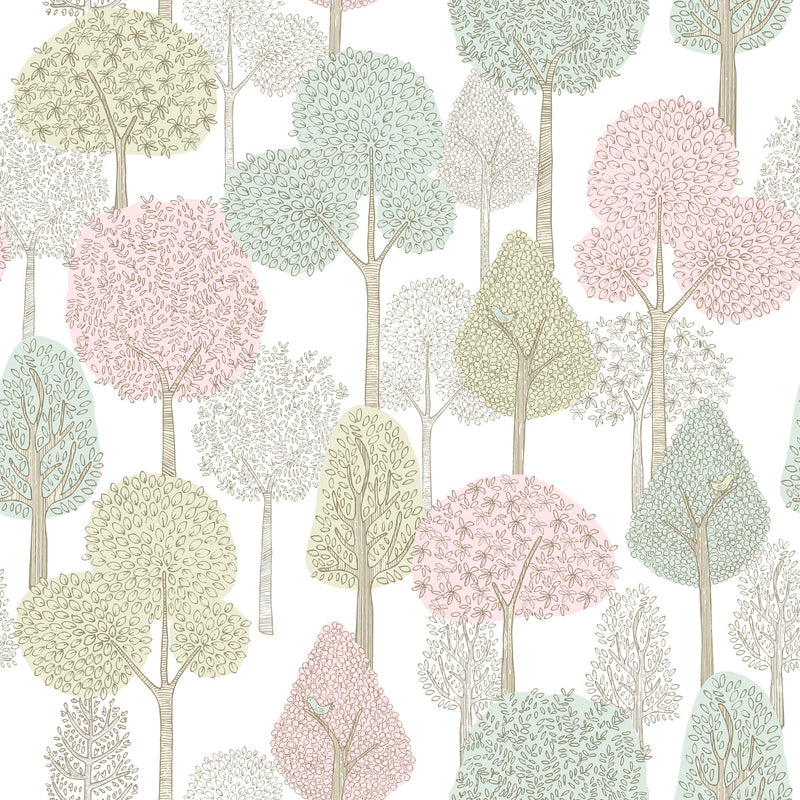 media image for Treetops Peel & Stick Wallpaper in Pink/Mint by York Wallcoverings 257