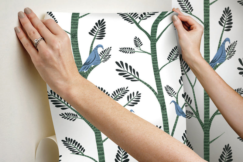 media image for Aviary Branch Peel & Stick Wallpaper in Blue and Green from the Risky Business III Collection by York Wallcoverings 256