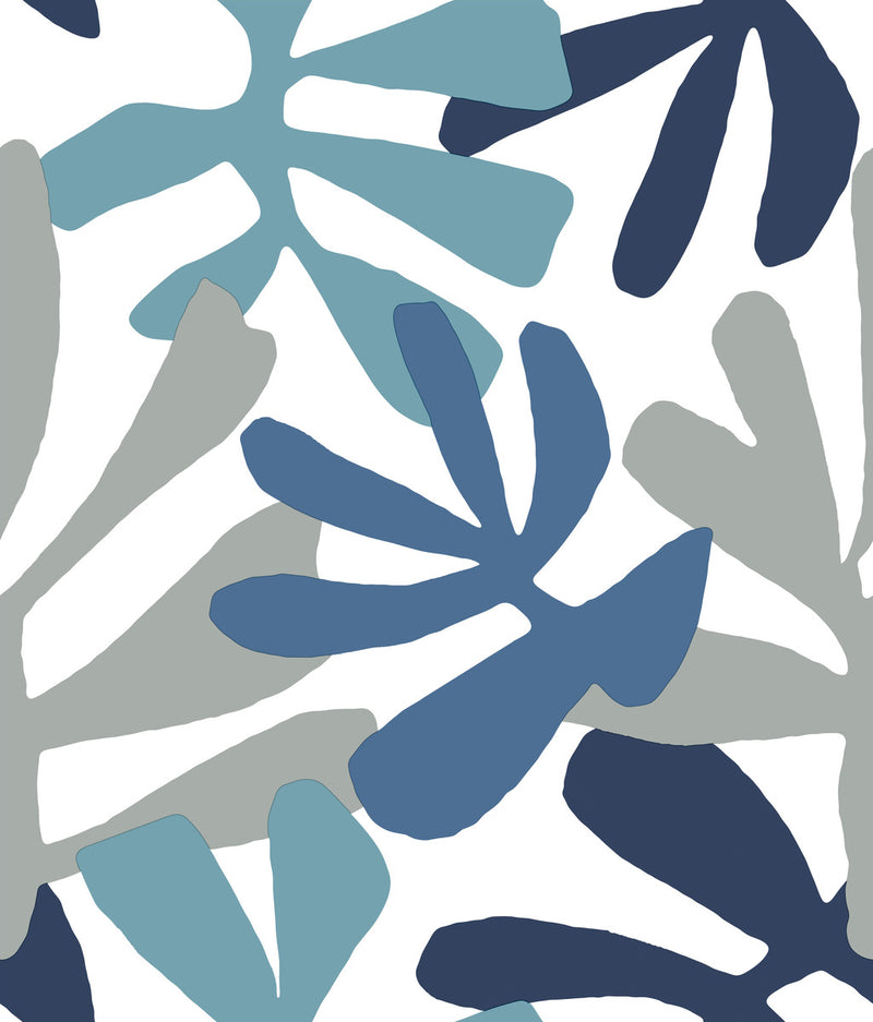 media image for Kinetic Tropical Peel & Stick Wallpaper in Blue and Grey from the Risky Business III Collection by York Wallcoverings 228