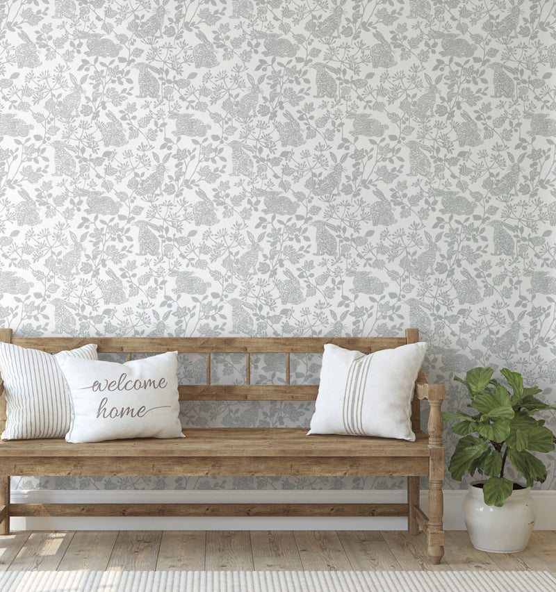 media image for Botanical Bunnies Grey Peel & Stick Wallpaper by York Wallcoverings 252