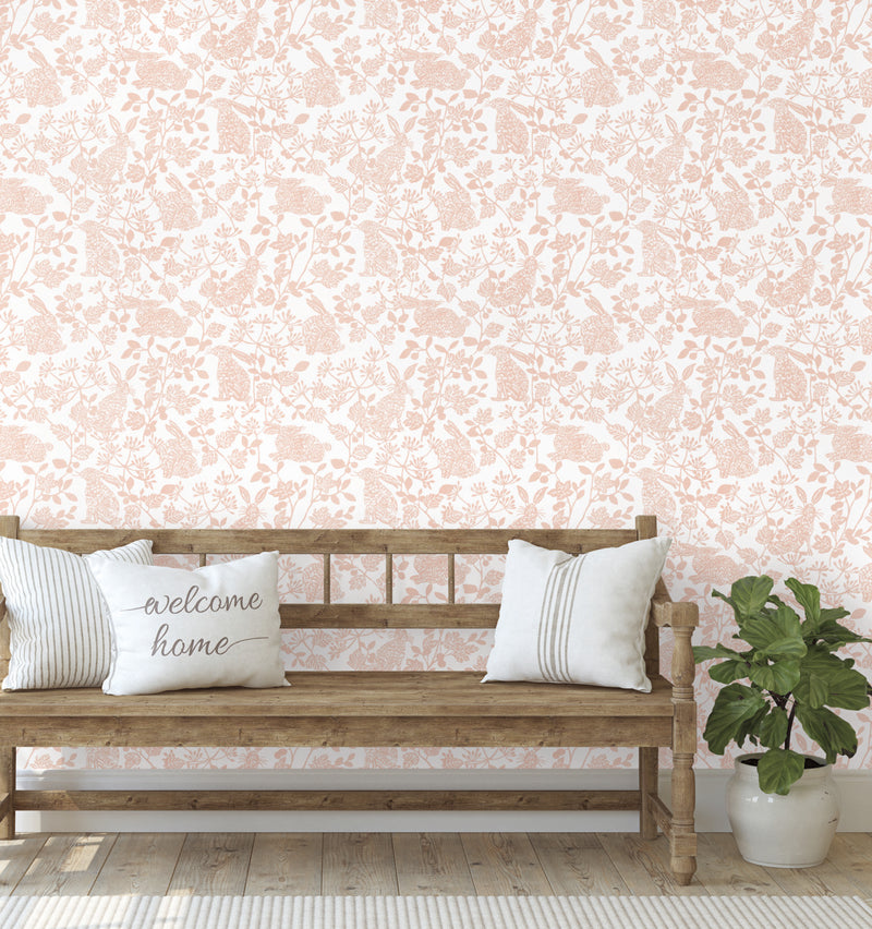 media image for Botanical Bunnies Pink Peel & Stick Wallpaper by York Wallcoverings 286