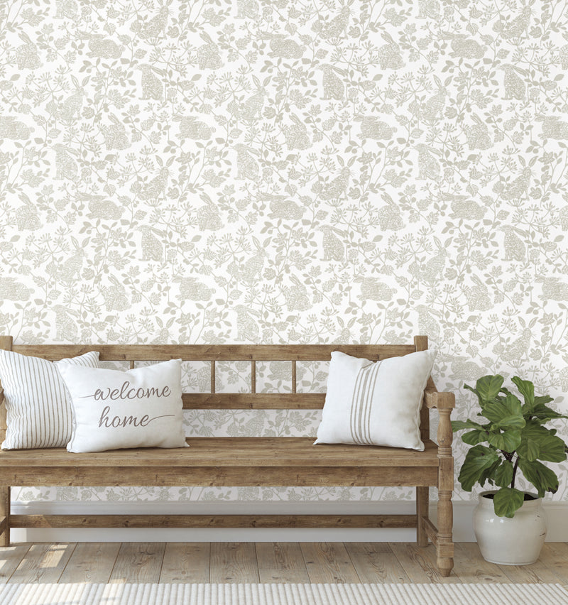 media image for Botanical Bunnies Beige Peel & Stick Wallpaper by York Wallcoverings 215