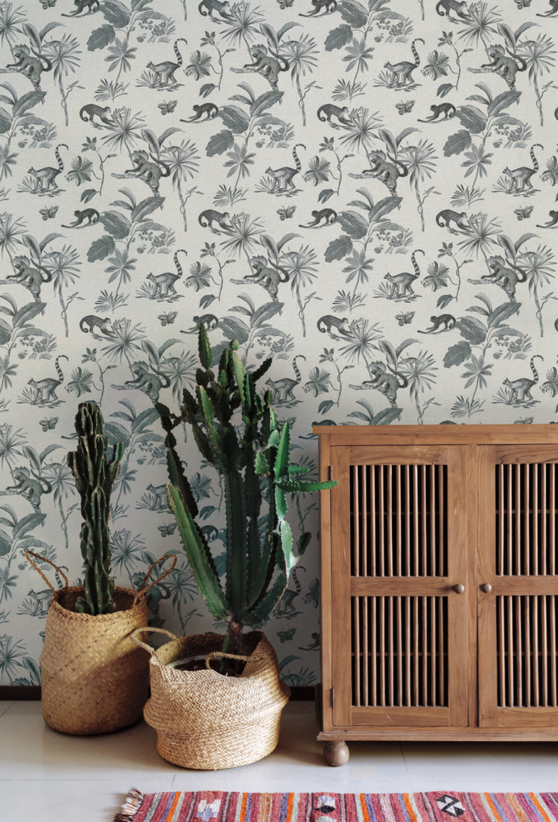 media image for Botanicals and Lemurs Gray Peel & Stick Wallpaper by York Wallcoverings 211