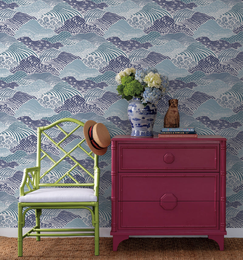 media image for Shangri-La Navy Blue Peel & Stick Wallpaper from the Madcap Cottage Collection by York Wallcoverings 273