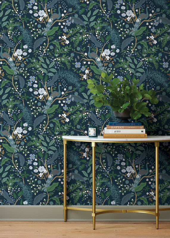 media image for Peacock Garden Peel & Stick Wallpaper in Navy 211