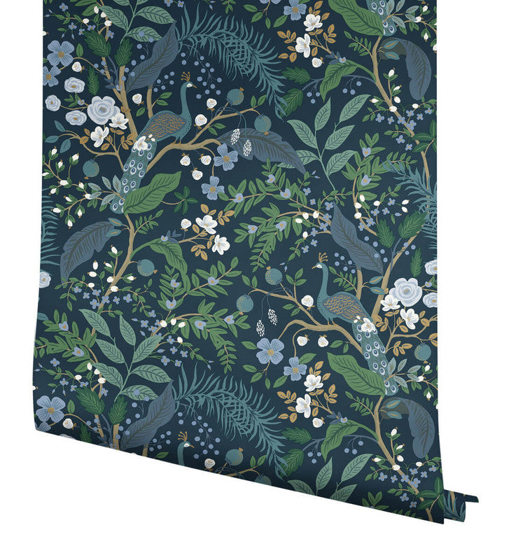 media image for Peacock Garden Peel & Stick Wallpaper in Navy 299