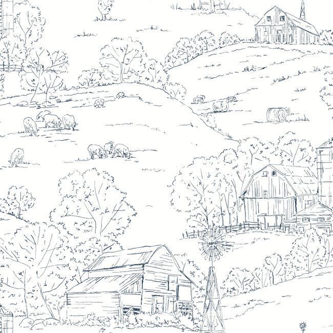 media image for Pasture Toile Wallpaper in Navy and White from the Simply Farmhouse Collection by York Wallcoverings 285