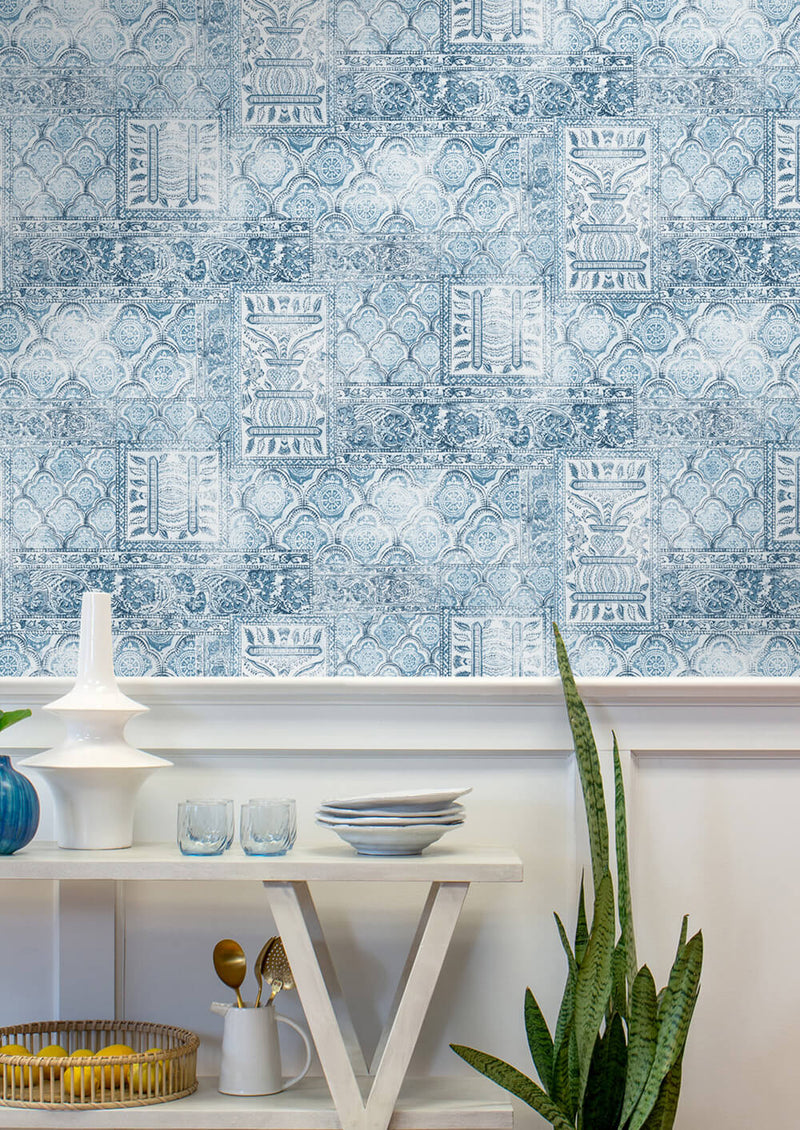 Shop Patchwork Peel-and-Stick Wallpaper in Blue and Eggshell | Burke Decor