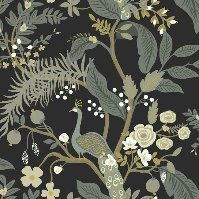 media image for Peacock Wallpaper in Black from the Rifle Paper Co. Collection by York Wallcoverings 259