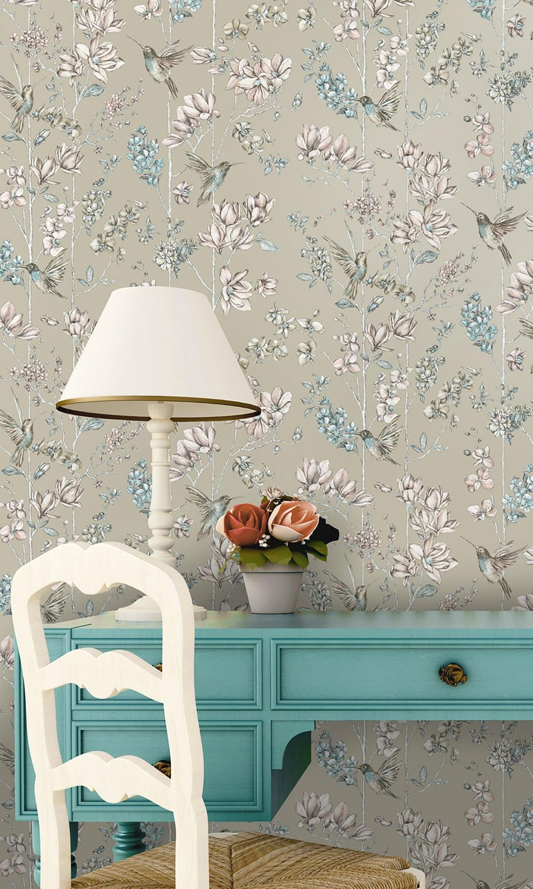Shop Painted Flowers and Hummingbirds Charm Gilver Floral Wallpaper ...