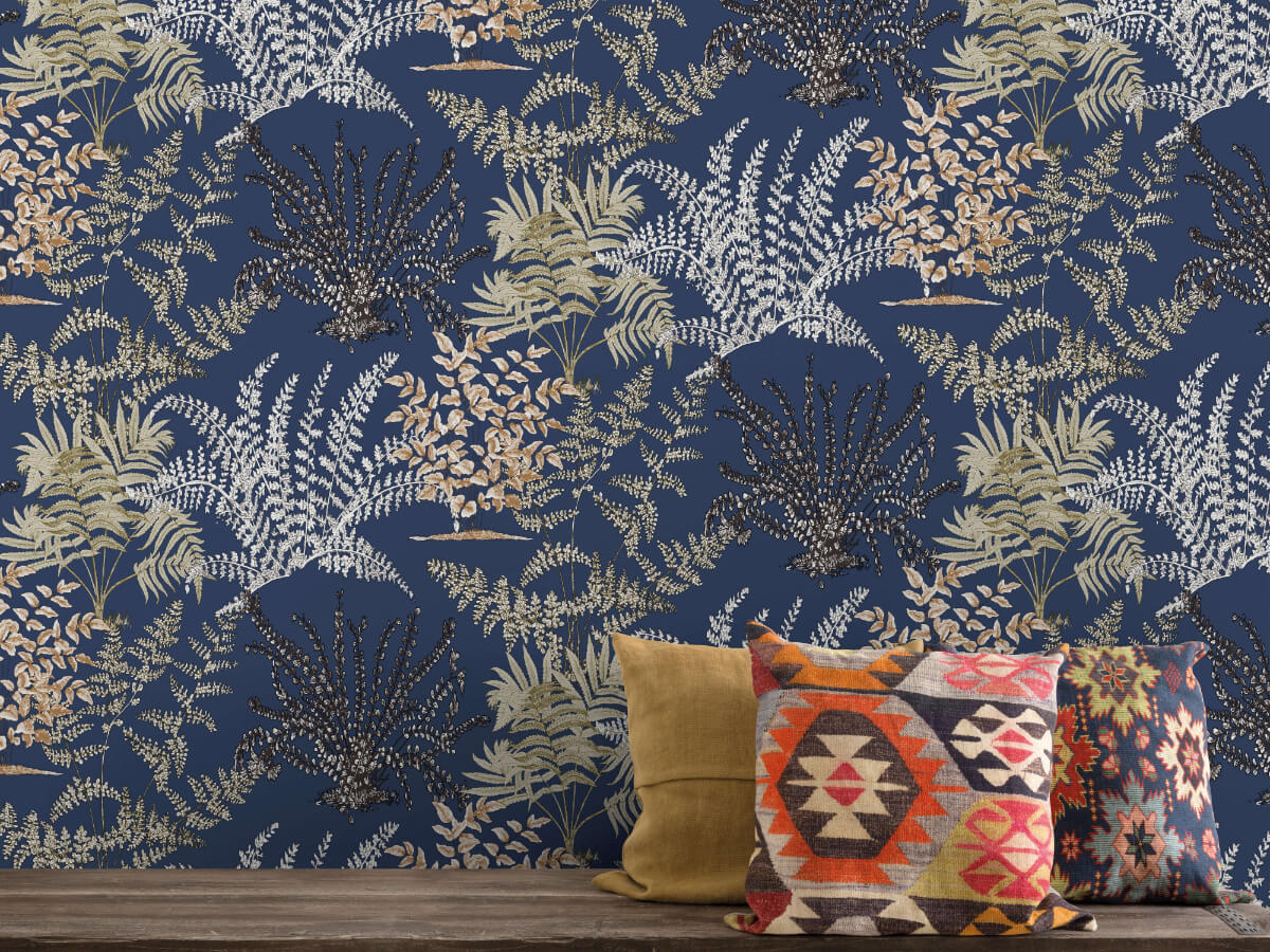 Shop Asperia Fern Botanical Leaves Wallpaper in Blue | Burke Decor