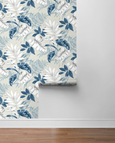 product image for Tropical Leaves Peel & Stick Wallpaper in Blue & White 0