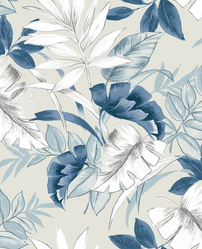 media image for Tropical Leaves Peel & Stick Wallpaper in Blue & White 293