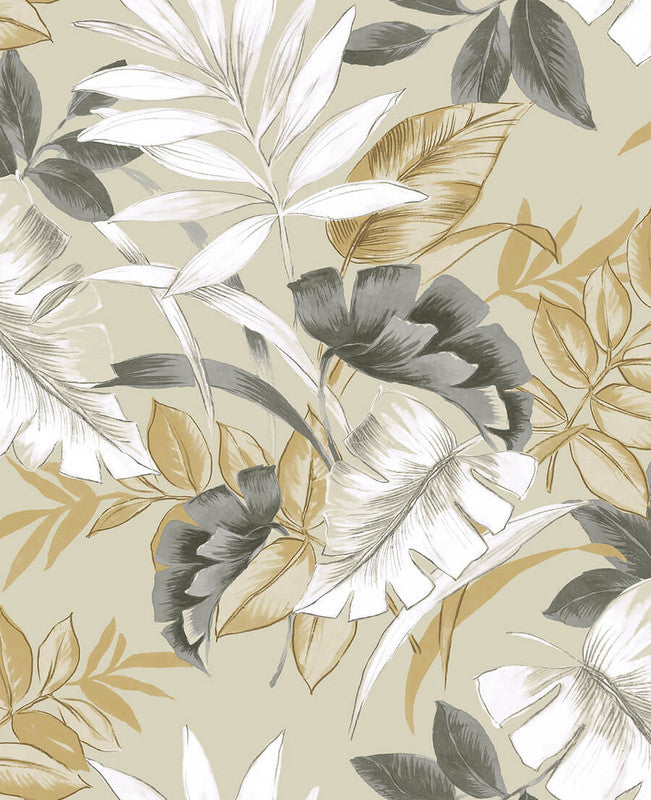 media image for Tropical Leaves Peel & Stick Wallpaper in Grey & White/Beige 20