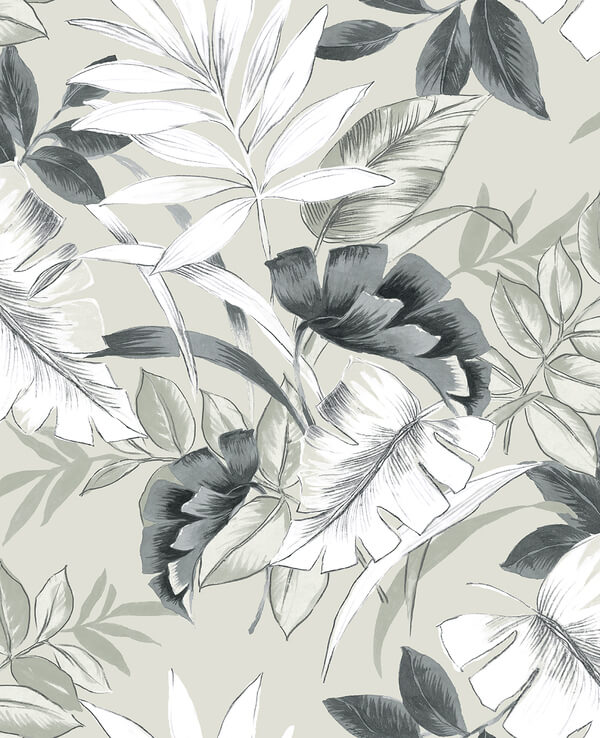 media image for Tropical Leaves Peel & Stick Wallpaper in Grey & White 241