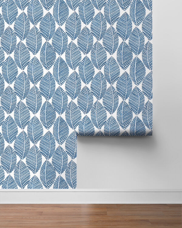 media image for Spot Leaves Peel & Stick Wallpaper in Blue & White 263