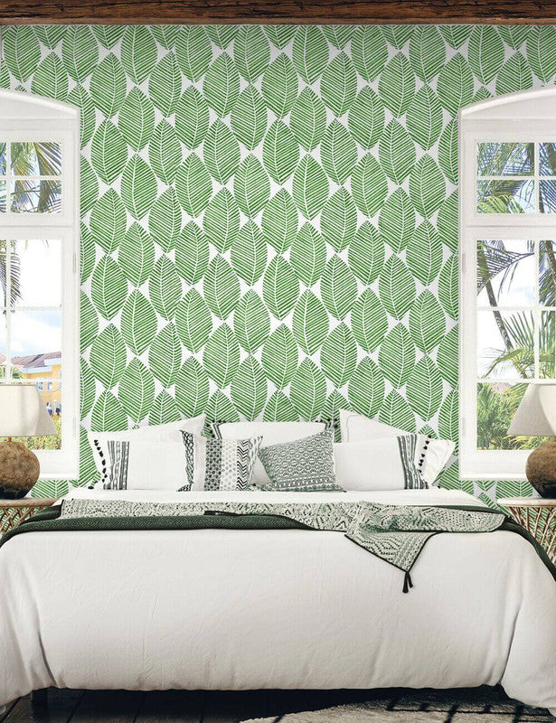 media image for Spot Leaves Peel & Stick Wallpaper in Green & White 264