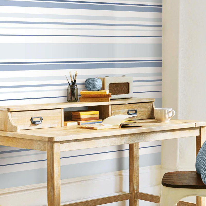 media image for Stripes Peel & Stick Wallpaper in Blue by RoomMates for York Wallcoverings 253