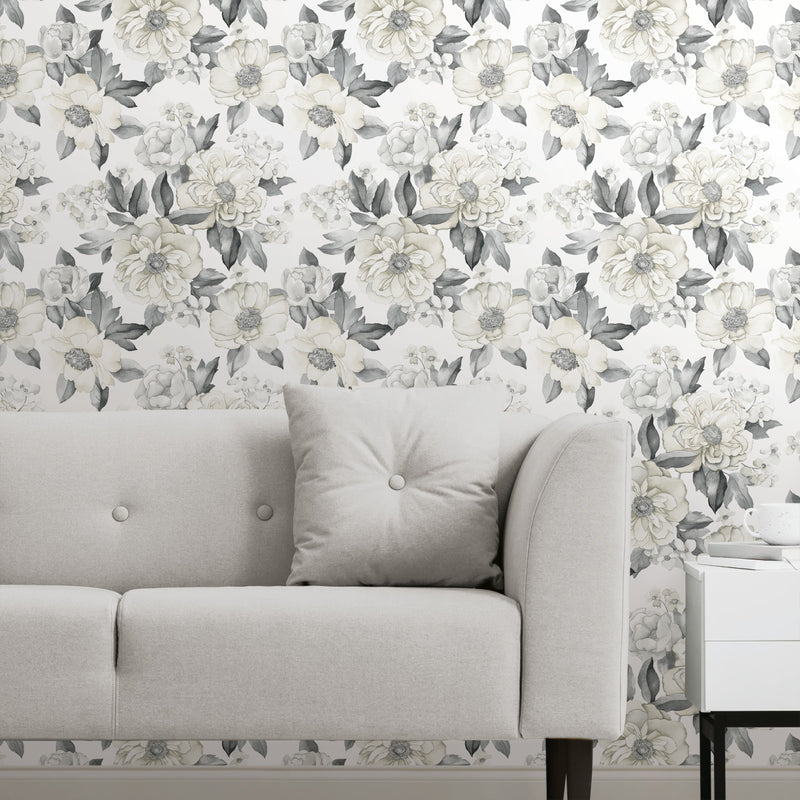 media image for Watercolor Floral Bouquet Peel & Stick Wallpaper in Grey by York Wallcoverings 287