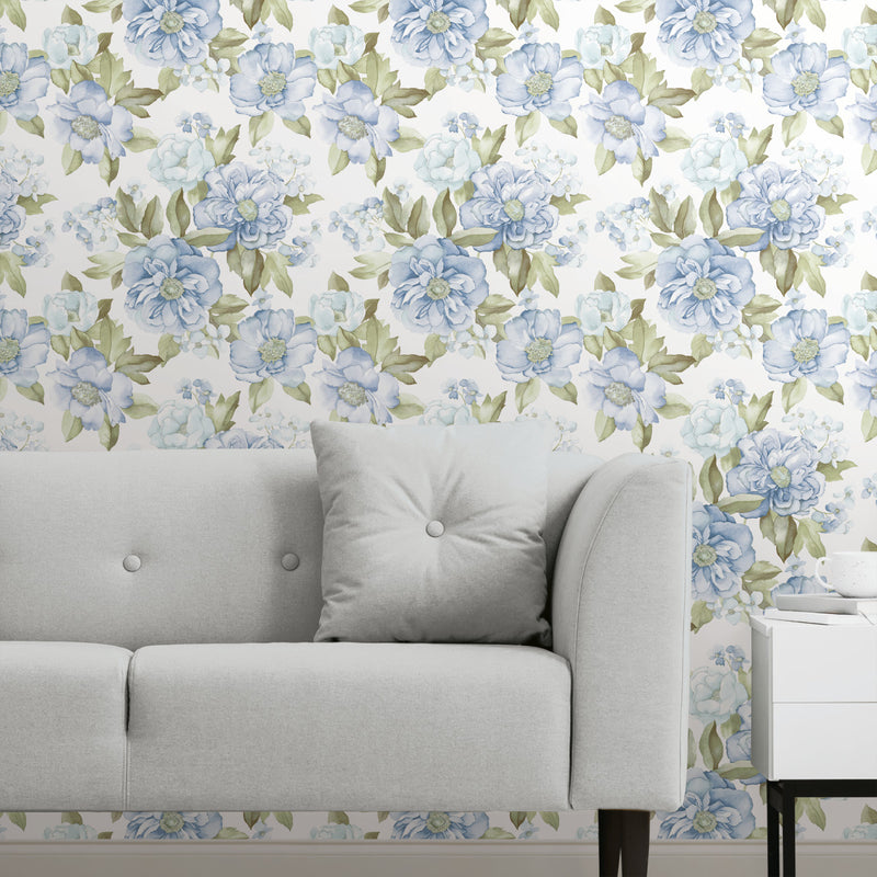 media image for Watercolor Floral Bouquet Peel & Stick Wallpaper in Blue by York Wallcoverings 22