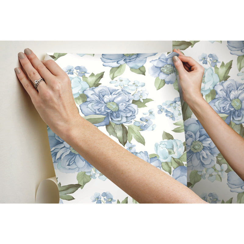 media image for Watercolor Floral Bouquet Peel & Stick Wallpaper in Blue by York Wallcoverings 229