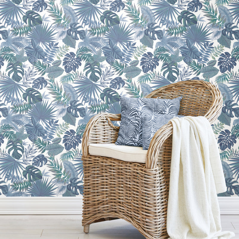 media image for Palm Frond Toss Peel & Stick Wallpaper in Blue by York Wallcoverings 223