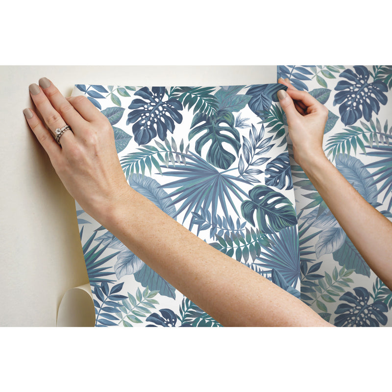 media image for Palm Frond Toss Peel & Stick Wallpaper in Blue by York Wallcoverings 298