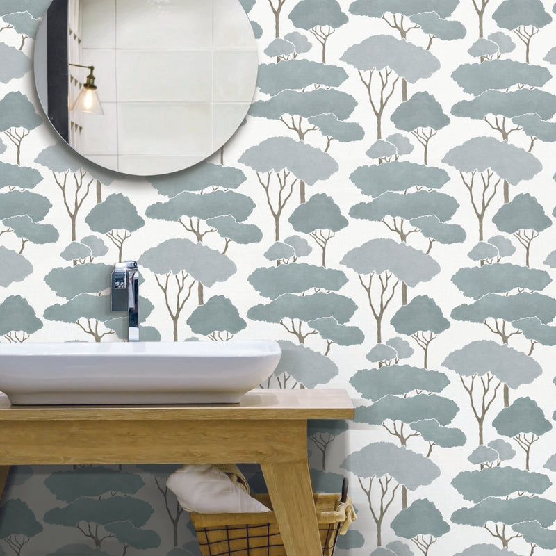 media image for Umbrella Pines Blue Peel & Stick Wallpaper by RoomMates for York Wallcoverings 217