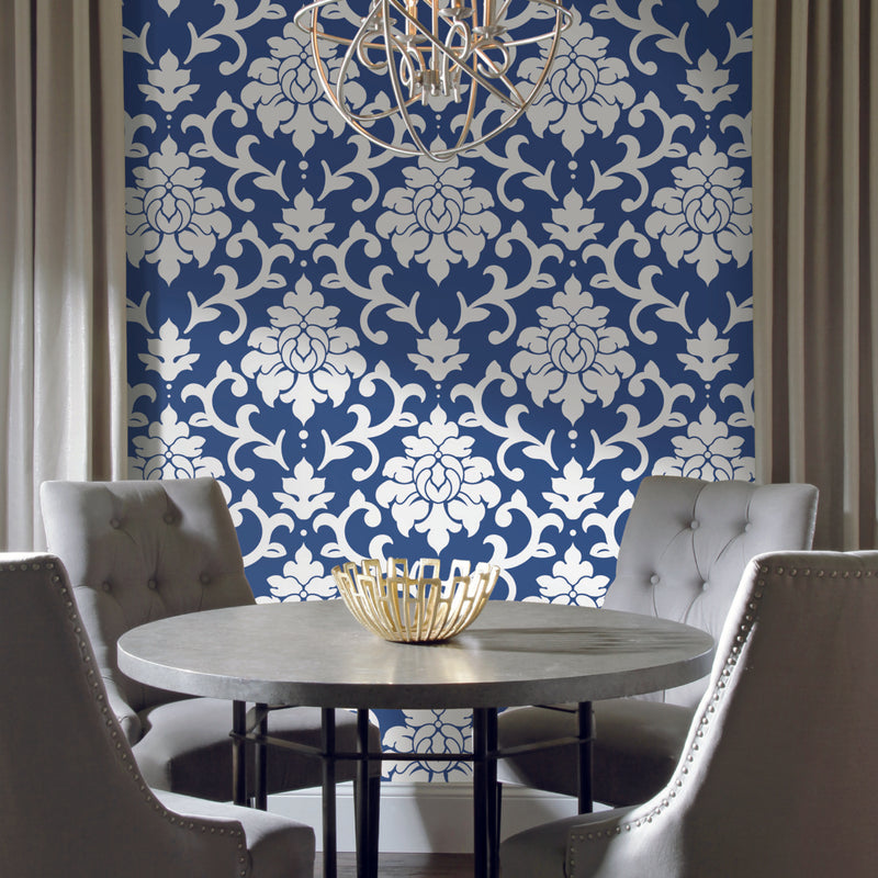 media image for Damask Indigo Peel & Stick Wallpaper by RoomMates for York Wallcoverings 231