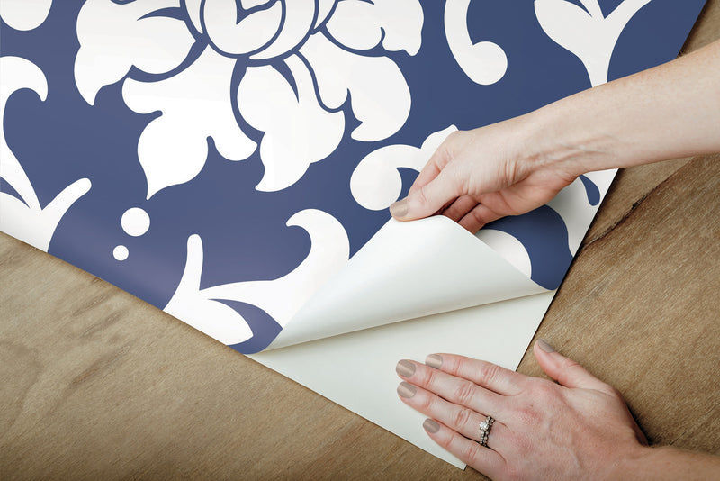 media image for Damask Indigo Peel & Stick Wallpaper by RoomMates for York Wallcoverings 263