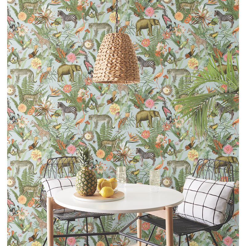 media image for Tropical Zoo Peel & Stick Wallpaper in Green/Blue by RoomMates 261