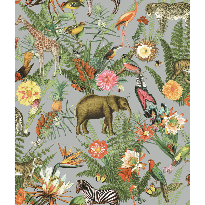 media image for Tropical Zoo Peel & Stick Wallpaper in Green/Grey by RoomMates 294