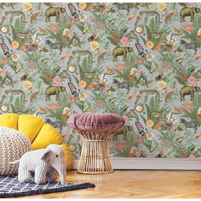 product image for Tropical Zoo Peel & Stick Wallpaper in Green/Grey by RoomMates 25