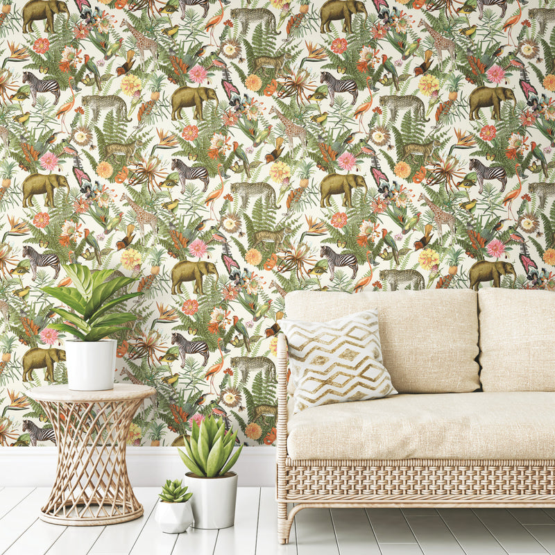 media image for Tropical Zoo Peel & Stick Wallpaper in Green by RoomMates 295