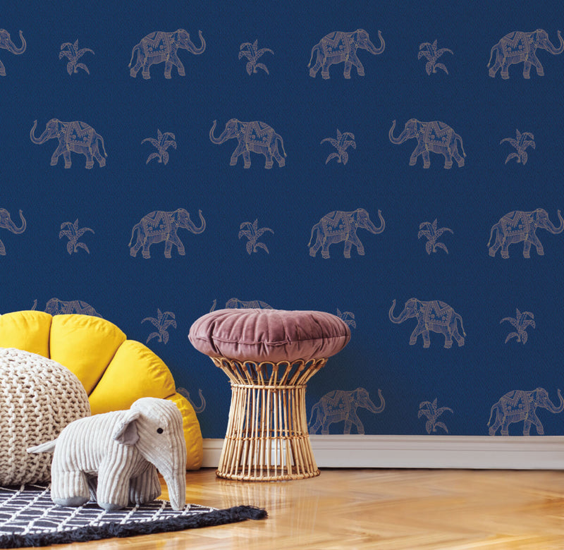 media image for Elephant Walk Peel & Stick Wallpaper in Blue/Gold 242