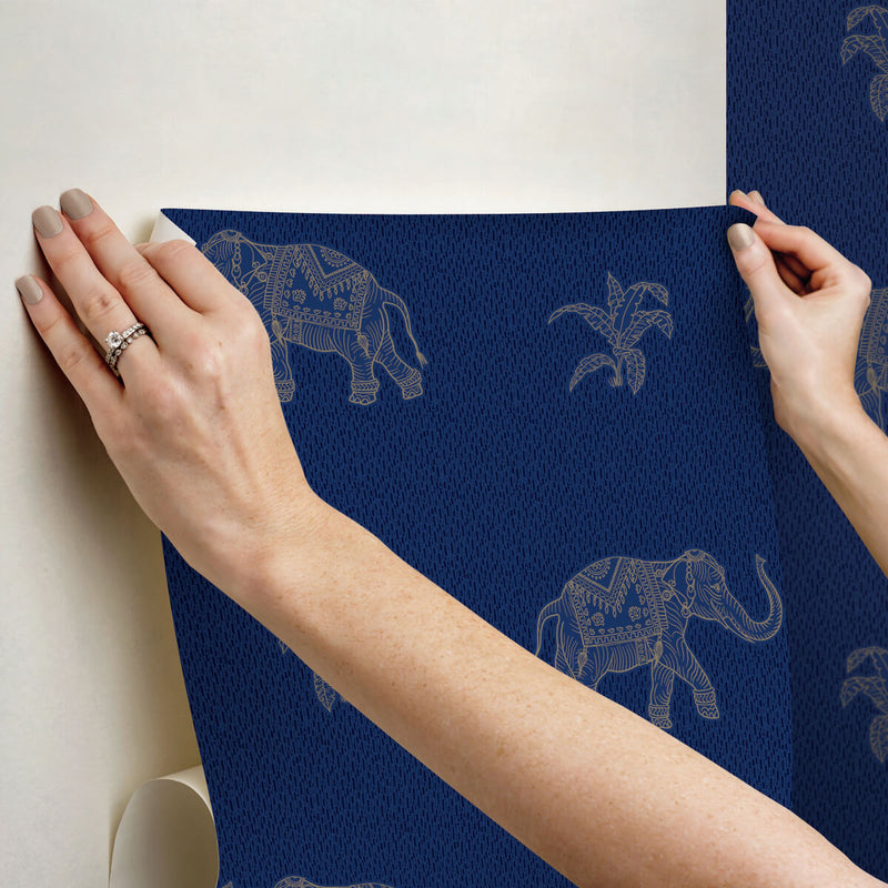media image for Elephant Walk Peel & Stick Wallpaper in Blue/Gold 282