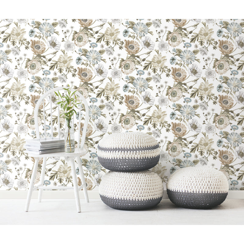 media image for Vintage Poppy Peel & Stick Wallpaper in White by RoomMates 297