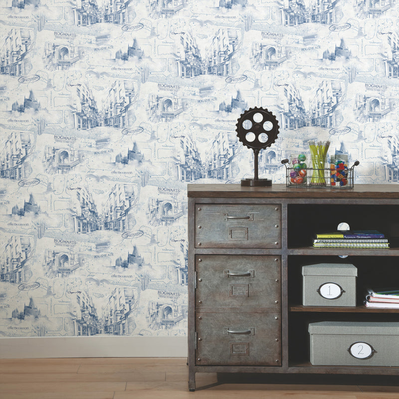 media image for Harry Potter Map Peel & Stick Wallpaper in Blue by RoomMates 289