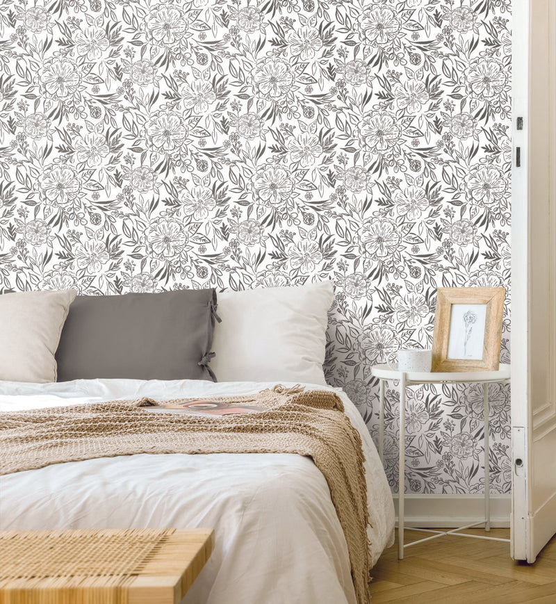 media image for Floral Sketch Peel & Stick Wallpaper in Grey 274