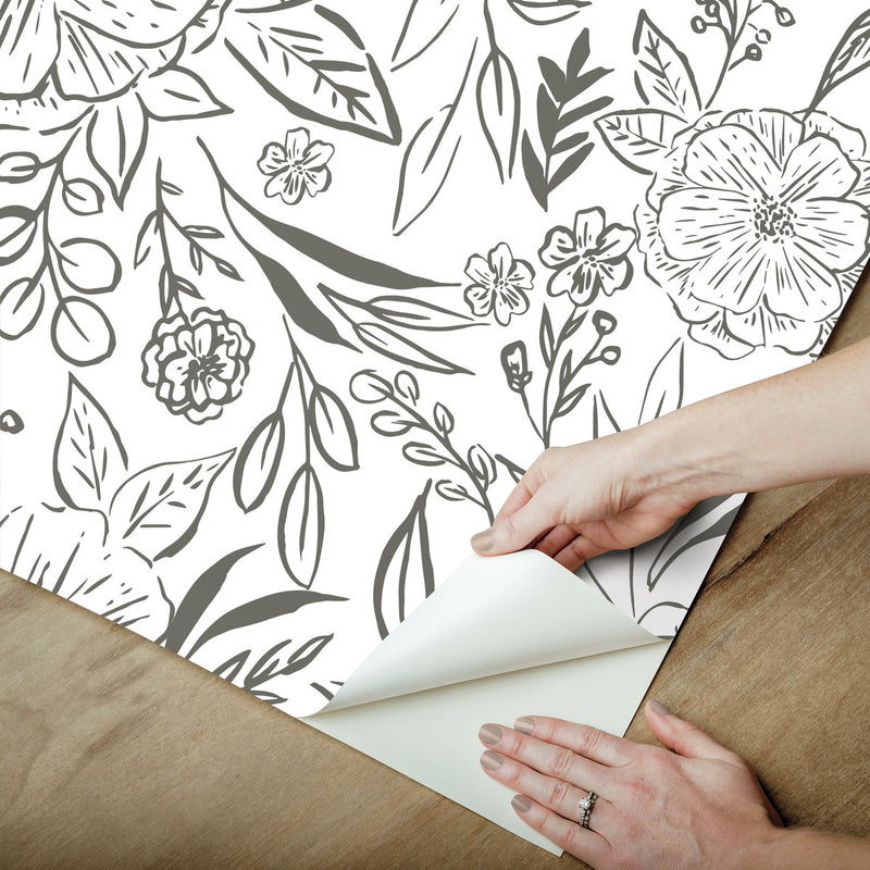 media image for Floral Sketch Peel & Stick Wallpaper in Grey 285