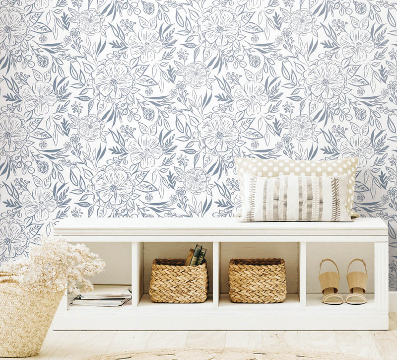 media image for Floral Sketch Peel & Stick Wallpaper in Blue 252