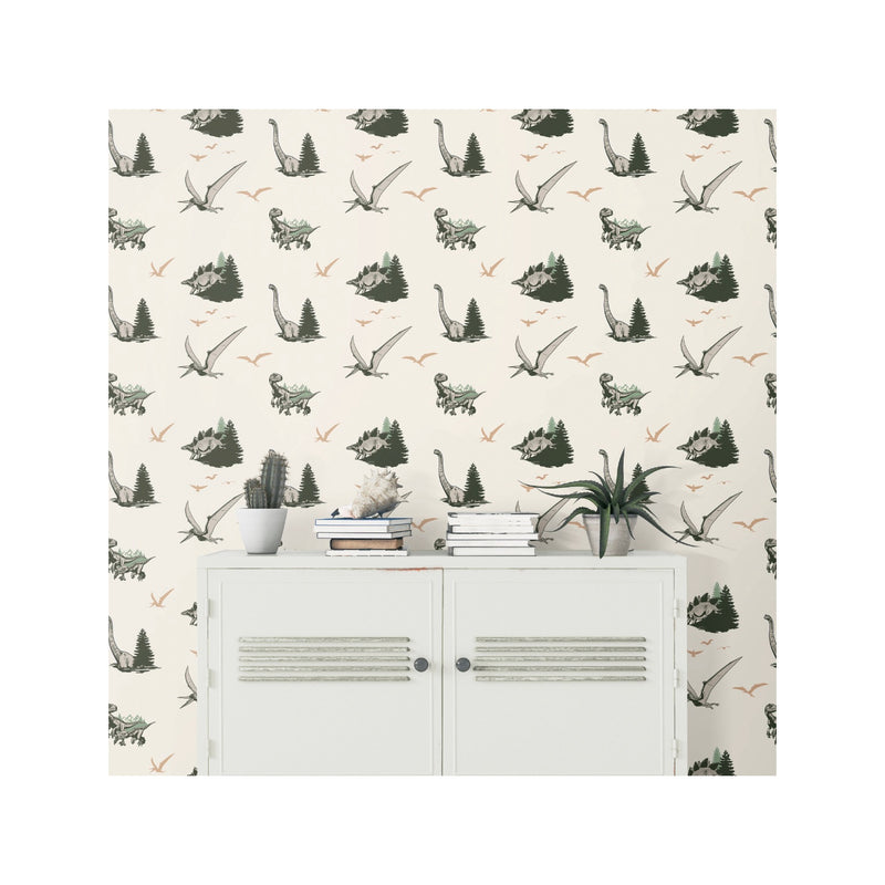 media image for JW Dominion Vintage Dinosaurs Peel & Stick Wallpaper in Green by RoomMates 296