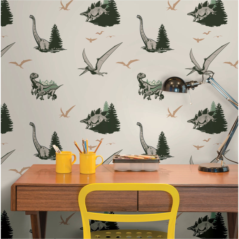 media image for JW Dominion Vintage Dinosaurs Peel & Stick Wallpaper in Green by RoomMates 290