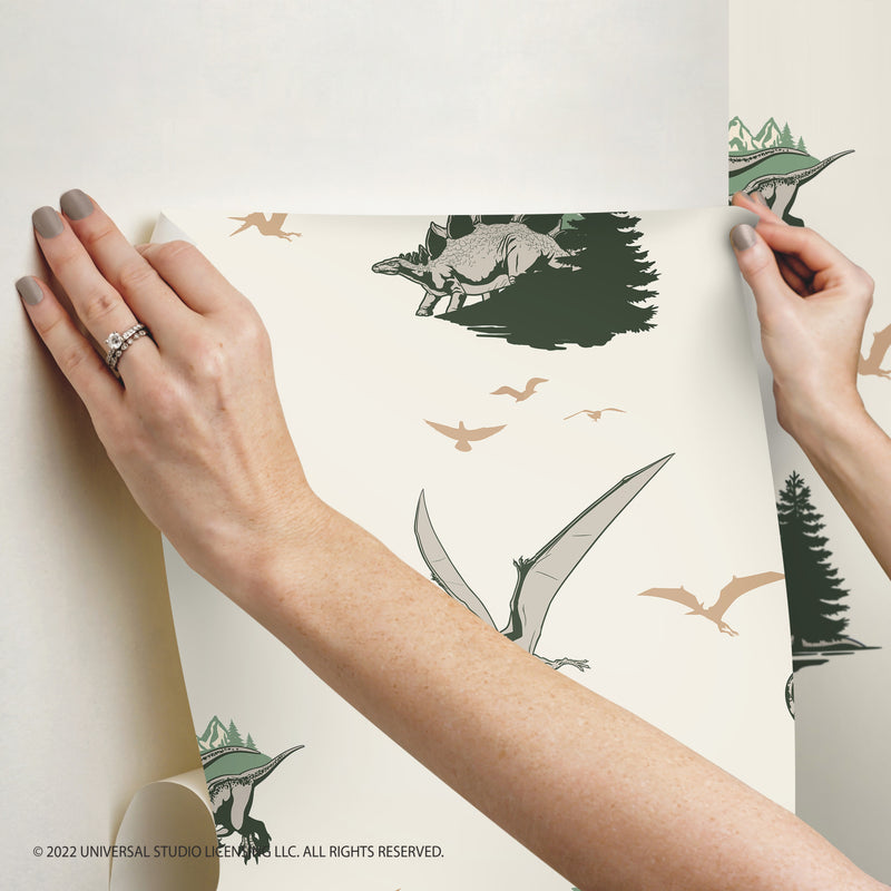 media image for JW Dominion Vintage Dinosaurs Peel & Stick Wallpaper in Green by RoomMates 268