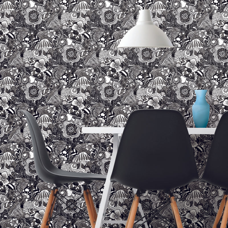 media image for Mushroom Magic Black Peel And Stick Wallpaper by RoomMates for York Wallcoverings 232