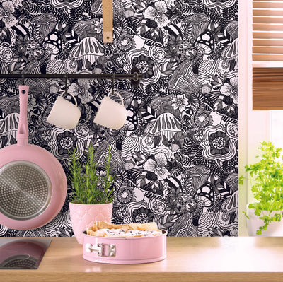 product image for mushroom magic black peel and stick wallpaper by roommates for york wallcoverings 6 28