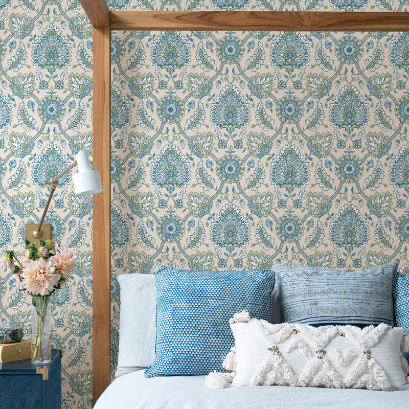 media image for Waverly Clifton Hall Peel & Stick Wallpaper in Blue/Green by RoomMates 224