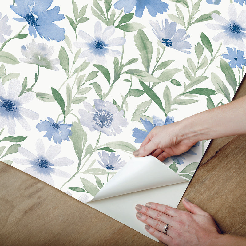 media image for Flower Market Peel & Stick Wallpaper in Blue/Mint 295